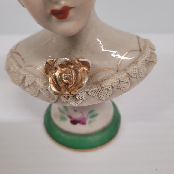 Womens Bust Occupied Japan Porcelain Vintage 1940s Gold Rose Lace No Chips Crack - Picture 5 of 9